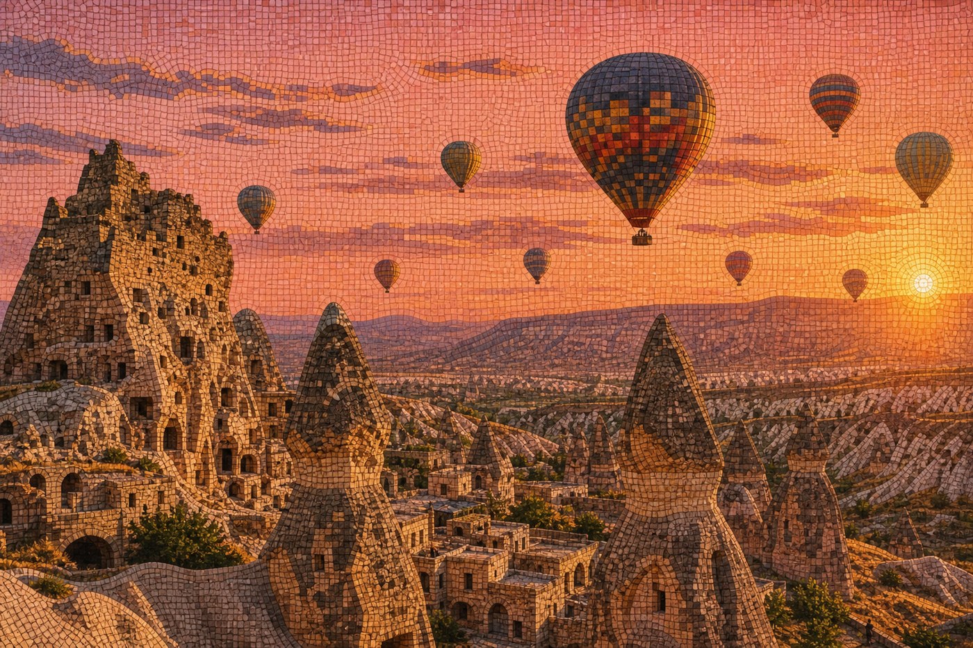 Kapadokya gün doğumunda sıcak hava balonları